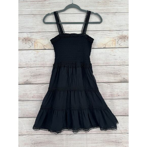 Elan Dress Womens Medium Black Smocked Sleeveless Tiered Boho Midi NWT Lace Trim - Picture 1 of 10